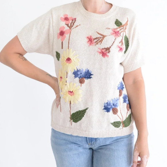 Vintage 220 Hickory Tan Pink  Floral Knit Short Sleeve Crewneck Sweater M - Picture 1 of 12